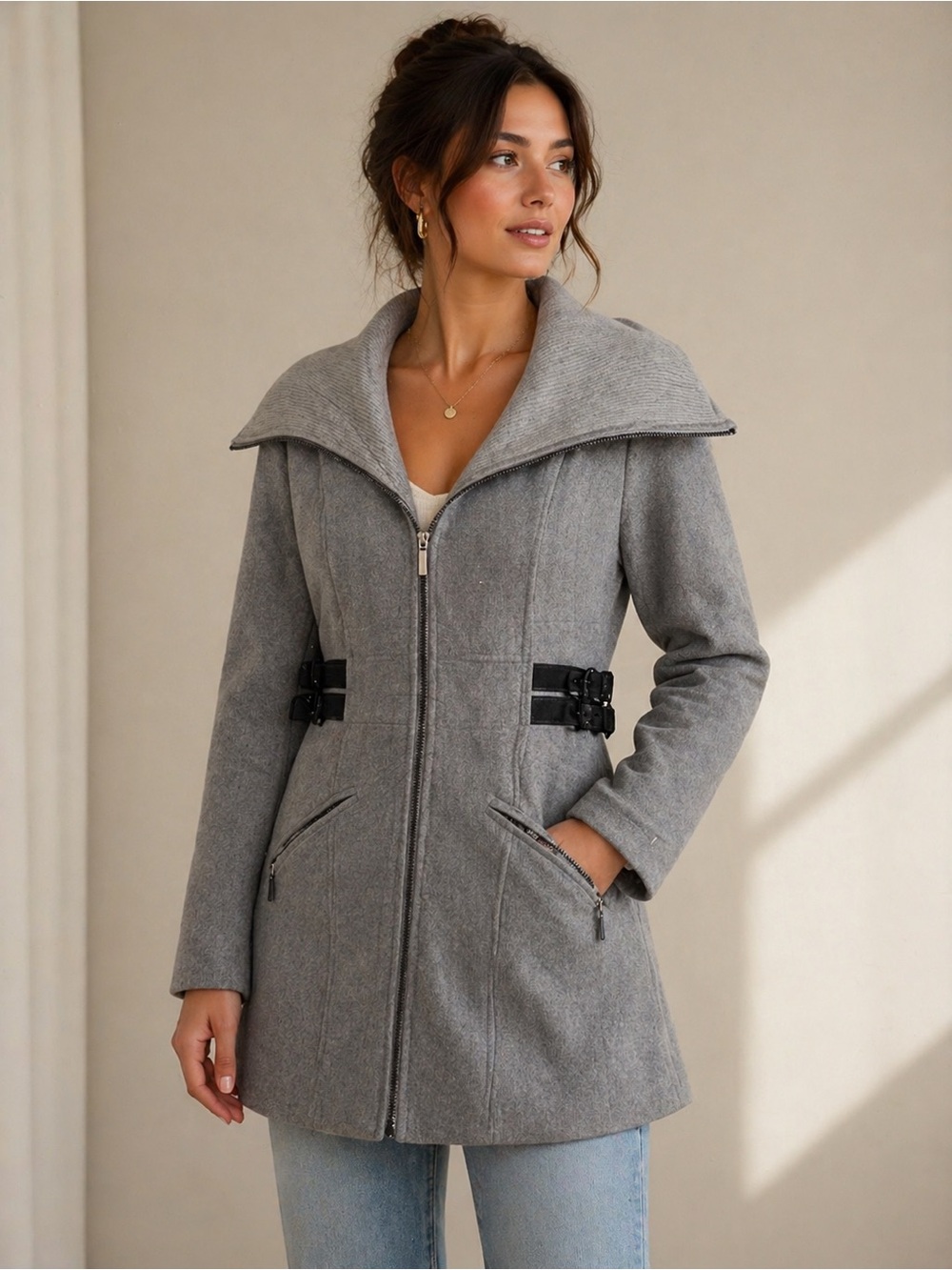YOKI Gray Wool Blend Coat | Zip Front Buckle Detail Jacket Size XL